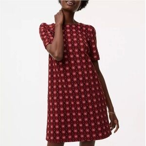 Loft Scroll Floral Jacquard Short Sleeve Retro Shift Mini Dress Red/Black Small
